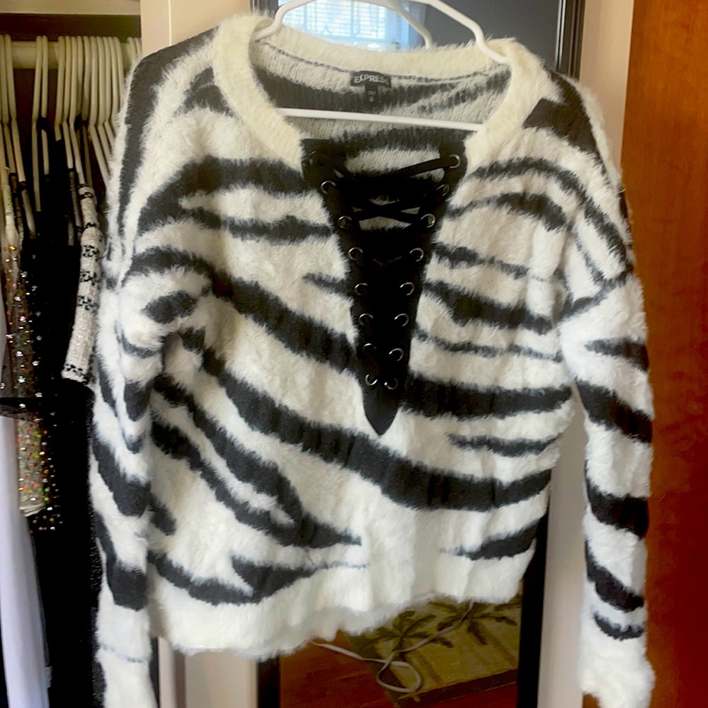Express black and white furry sweater xs
